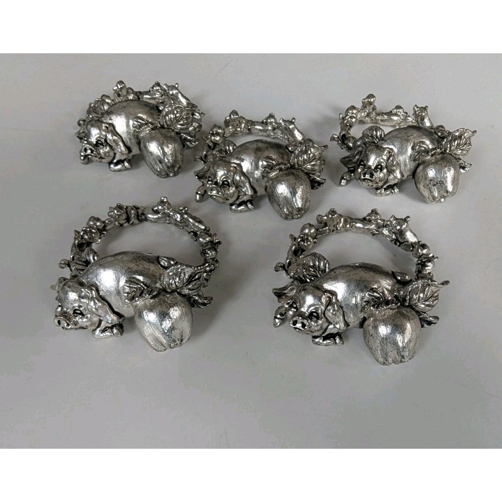 Vintage Arthur Court Pig & Piglet Napkin Ring Holders Set of 5 NOS 1996